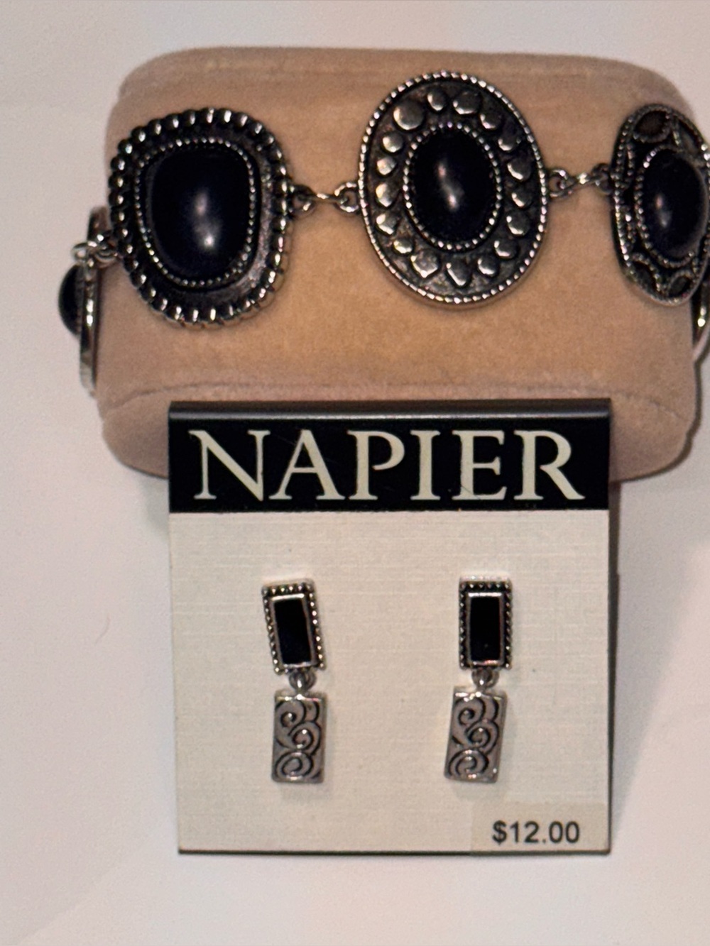 Silver and Black Earrings and Bracelet